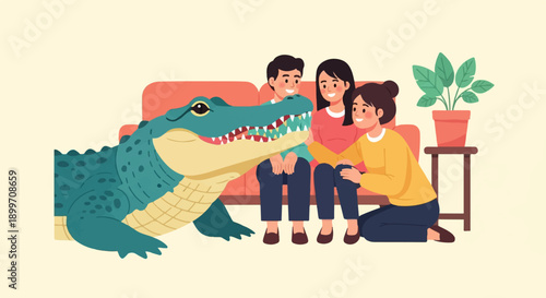A playful alligator sits with a family on a couch, a potted plant nearby