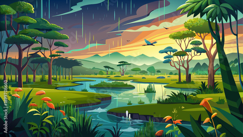 Very beautiful rainy season view of Pantanal wetlands in Brazil, showcasing lush meadows, dense forests, vibrant greenery, and one of the world’s richest wildlife ecosystems.