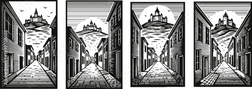 black and white woodcut illustrations of a medieval castle on a hill seen from a narrow street with buildings and cobblestone paths