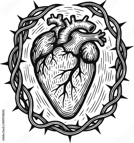 Anatomical human heart illustration surrounded by thorny crown black and white detailed drawing of cardiac organ and barbed circle