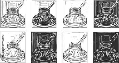 vintage inkwell and quill pen illustrations set with varied black and white shading styles