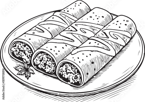 Enchiladas Hand-drawn Sketch Drawing Vector Illustration, Line Linear Symbol Engraving for Coloring Book, Black and White, Isolated