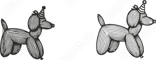 Black and white balloon dog illustrations in party hat, festive and playful animal balloon sculpture designs