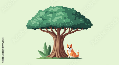 A stylized fox rests by a large tree with lush green foliage
