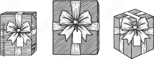 Three wrapped gift boxes with ribbons and tags hand drawn sketch set