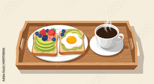 A wooden tray holds a delightful breakfast of avocado toast and coffee