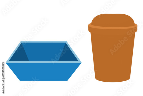 A blue plastic container and a brown disposable cup on a white background