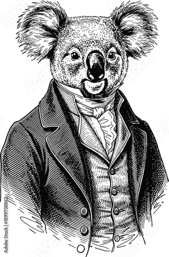 vintage illustration of a koala dressed in formal 19th century gentleman's attire, victorian