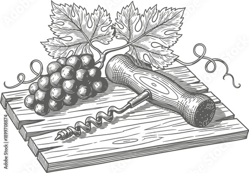Vintage corkscrew with wooden handle and grape cluster on a wooden cutting board illustration