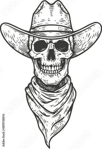 Skull wearing cowboy hat and bandana vintage western outlaw tattoo design illustration