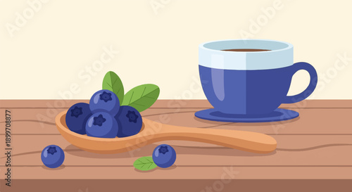 A wooden spoon holds blueberries next to a cup of dark liquid