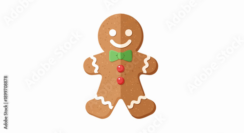 A stylized gingerbread man cookie with a green bow tie