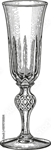 Vintage crystal champagne flute glass with ornate stem design and elongated bowl