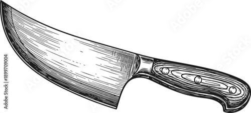 vintage cleaver knife illustration with wooden handle and curved blade for butchery