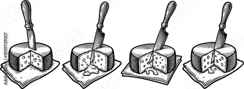 Four hand drawn cheese blocks with knives vintage dairy food illustration set