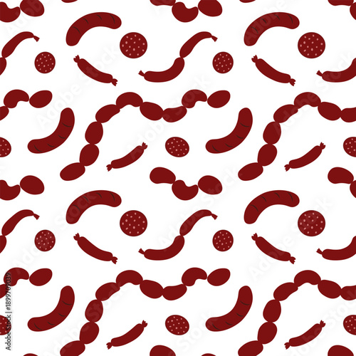 Seamless vector sausage pattern featuring linked sausages, individual bratwursts, and round pepperoni slices. Flat design, ideal for butchery branding, BBQ themes, and culinary digital wallpapers.