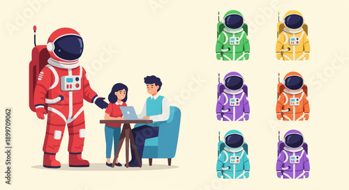 Astronauts in various suits pose, with humans working at a table nearby