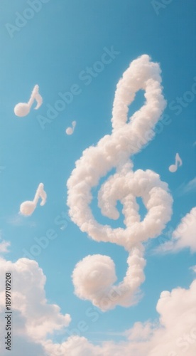 Musical notes in the sky made of clouds with blue sky background