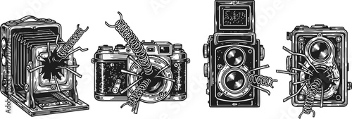 vintage cameras with mechanical coil springs bursting out retro devices illustration