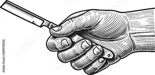 Hand holding a foldable straight razor ready for shaving vintage engraving drawing