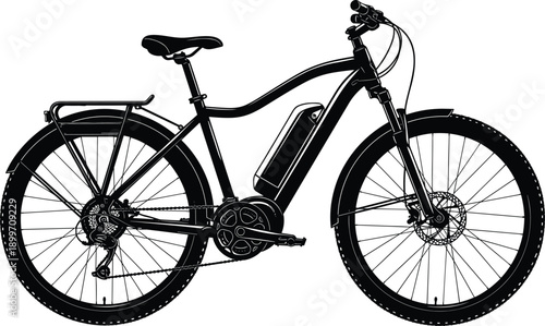 Black silhouette of modern electric commuter bicycle, pedal assist e-bike with battery pack and luggage rack, vector cycling equipment for urban transportation and fitness.