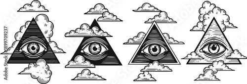 four all seeing eye triangles with clouds in surreal artistic design collection