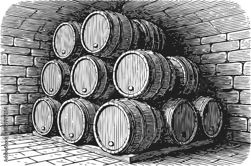 Stacked wooden barrels inside stone cellar vintage wine or whiskey storage, aged beverage container illustration