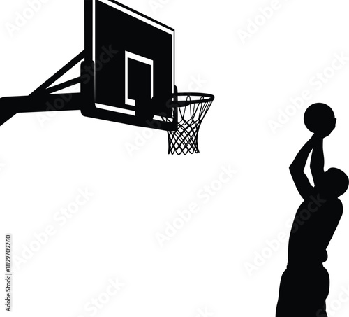 Black silhouette of professional basketball player shooting a ball into a hoop backboard, athletic sports competition vector for game tournament match team training.