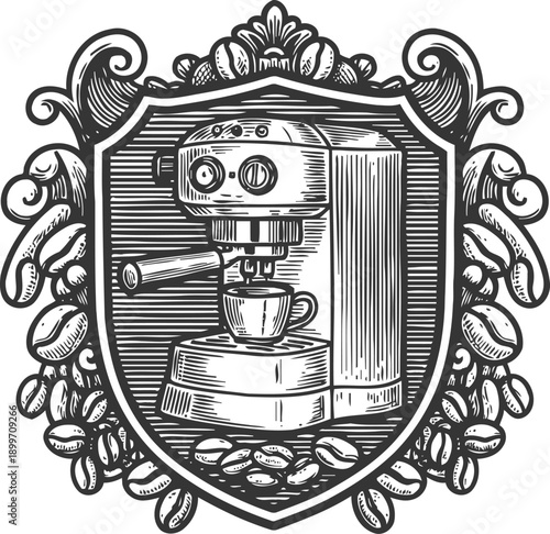 Vintage espresso machine emblem with coffee cup and coffee beans in ornate shield frame
