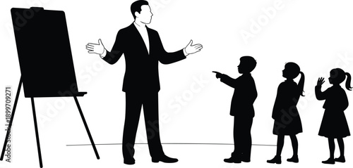 Teacher explaining lesson to children silhouettes in classroom near board, education guidance learning concept vector illustration design