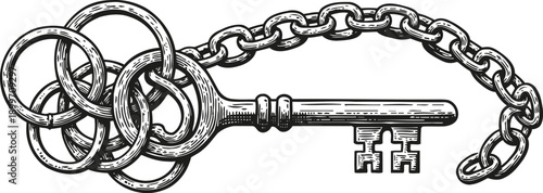 Vintage skeleton key with ornate bow, attached to a chain with multiple rings, black and white engraving