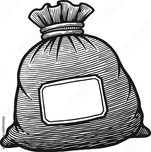 Large tied sack bag with blank label, vintage hand drawn illustration of textile storage container