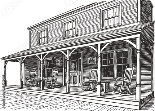 Front porch of rustic wooden house with rocking chairs and overhang, vintage country home exterior