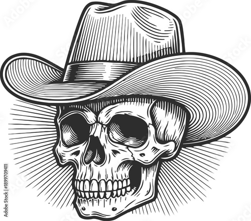 skull wearing cowboy hat detailed black and white vintage illustration with radiating lines