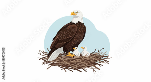 An eagle stands protectively over its two chicks in a nest