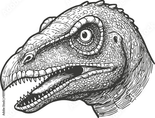 Detailed dinosaur head with sharp teeth and textured scales, prehistoric reptile sketch