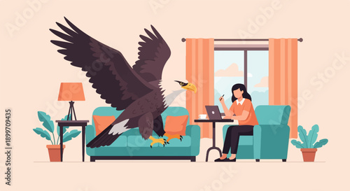 An eagle looms over a person working on a laptop in a living room