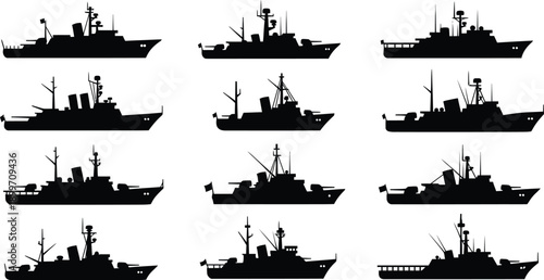 Collection of various naval vessel silhouettes in black on white background