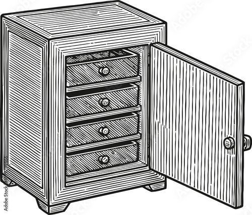 Vintage wooden cabinet with open door showing four drawers inside, classic furniture illustration