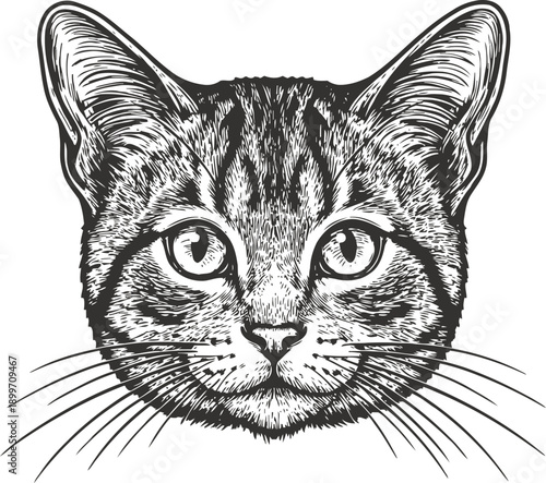 Detailed black and white illustration of a cat face with expressive eyes and prominent whiskers