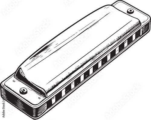 Harmonica Musical Instrument Hand-drawn Sketch Drawing Vector Illustration, Line Linear Symbol Engraving for Coloring Book, Black and White, Isolated