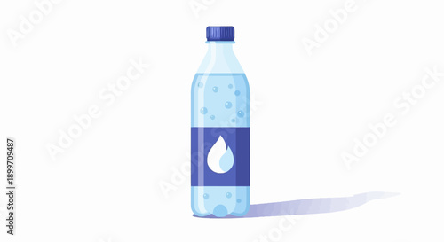 Clear plastic bottle with blue cap filled with water, bubbles, and a label