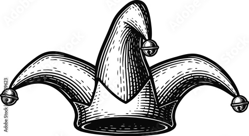 Vintage jester hat illustration with bells, old carnival joker headwear design