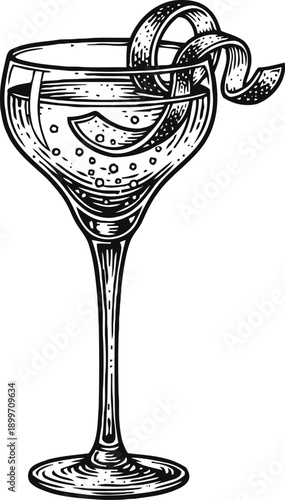 Elegant cocktail glass with citrus twist garnish vintage hand drawn drink illustration with bubbles and stemware