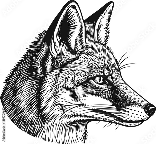Detailed black and white fox head illustration wild animal portrait in side profile with intricate fur and facial features