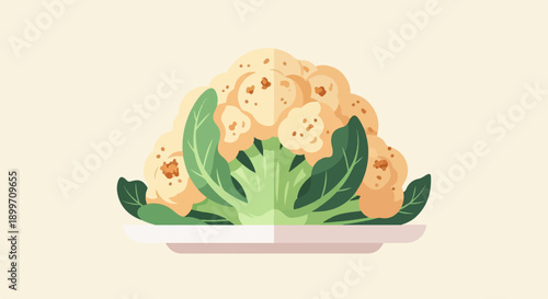 A stylized illustration of a cauliflower on a white plate