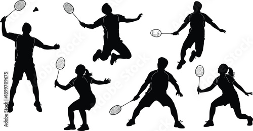 Set of black badminton player silhouettes, male and female athletes jumping and hitting shuttlecock with racket, competitive sports vector icons for athletic game design.