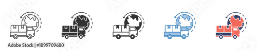 Global logistics and international delivery services vector icon set, showcasing delivery trucks with a world globe, representing worldwide shipping and freight transportation