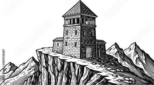 Medieval stone fortress on mountain cliff with rugged path and distant peaks background