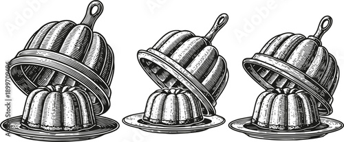 vintage jelly mold illustration with dessert on plate in different angles isolated on white